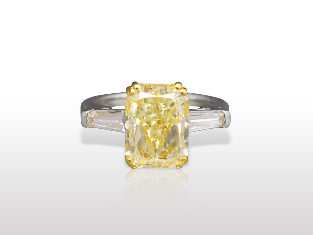 EGL Certified 3.51ct Cut-Cornered Rectangular Cut Fancy Yellow Diamond Ring