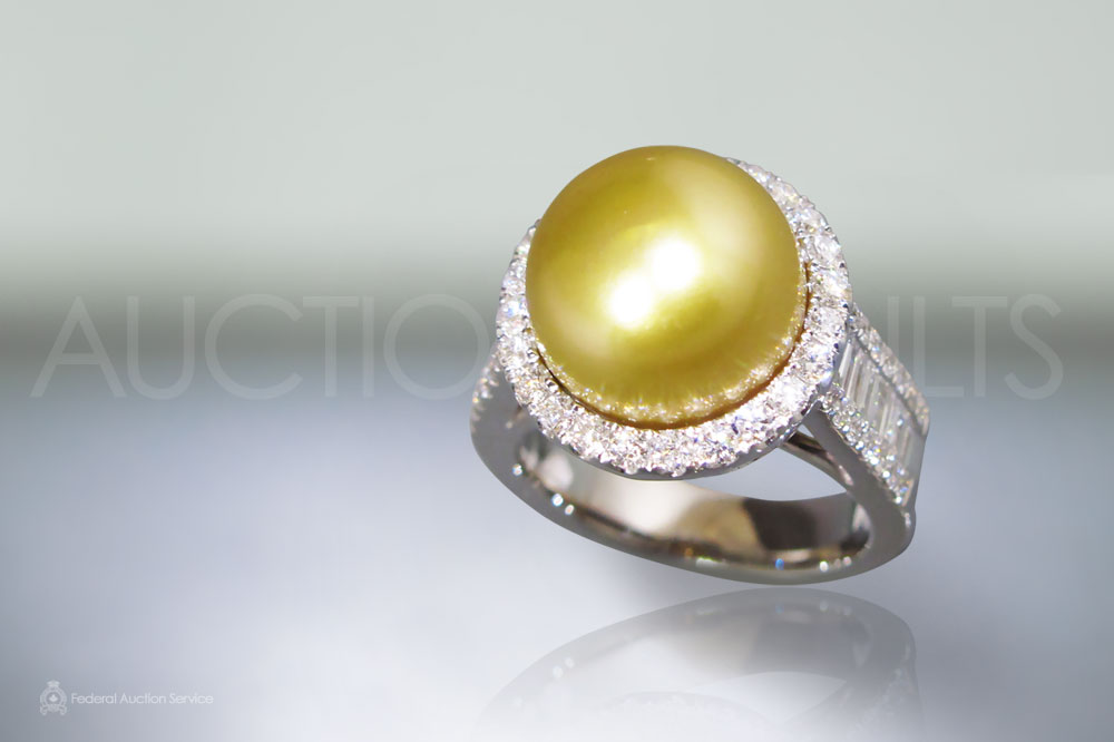 Lady's 18k White Gold South Sea Golden Pearl (Apx. 12mm) and Diamond Ring sold for $5,050