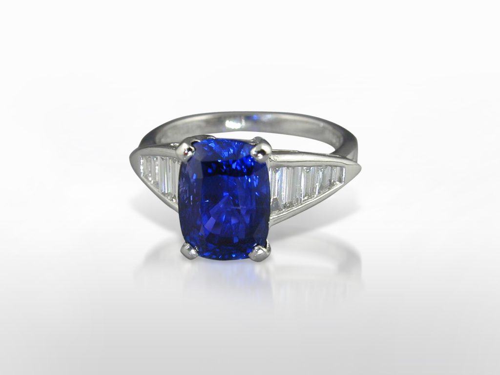 EGL Certified 4.51ct Rectangular Shape Unheated Ceylon Blue Sapphire and Diamond Ring