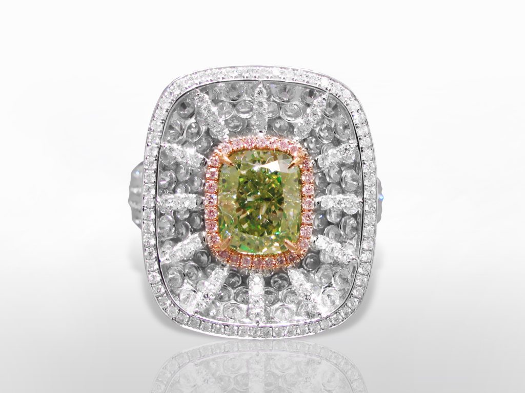 GIA Certified 2.31ct Cushion Cut Fancy Yellow-Green Diamond Ring