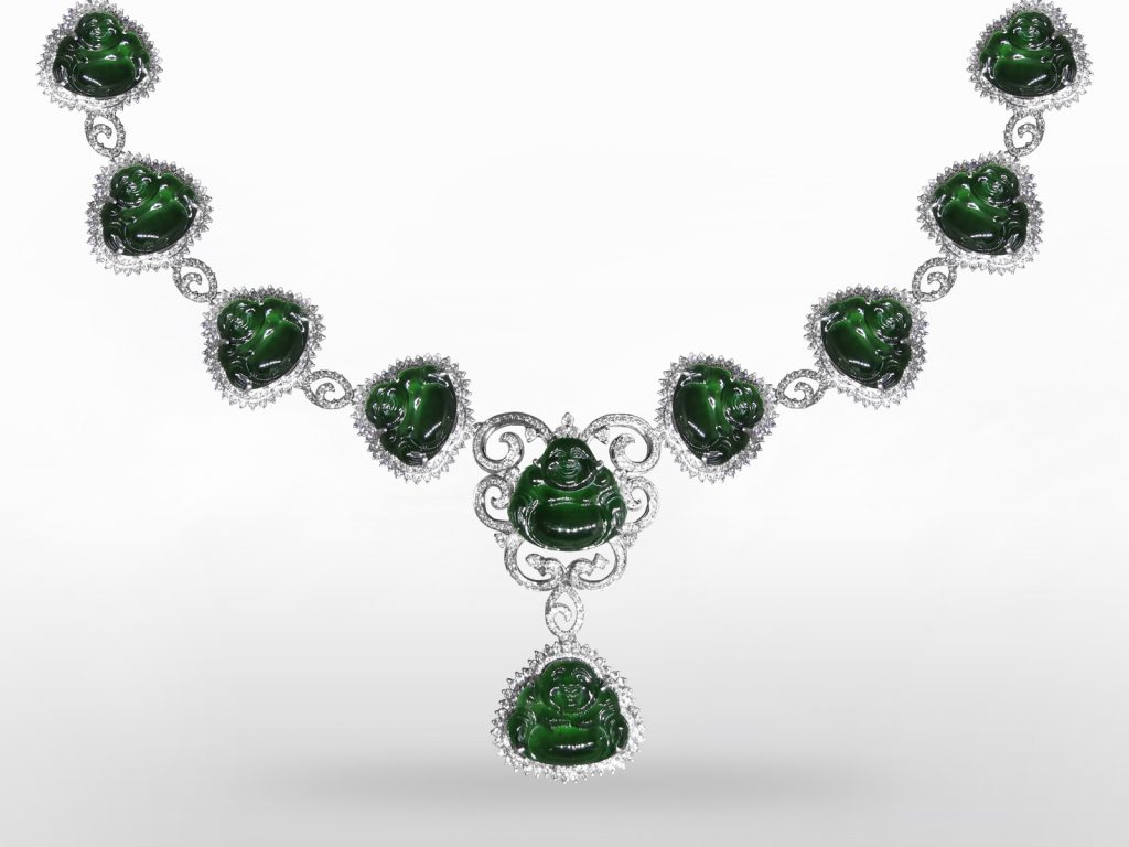 Natural Translucent Happy Buddha Carved Green Jadeites and Diamond Necklace