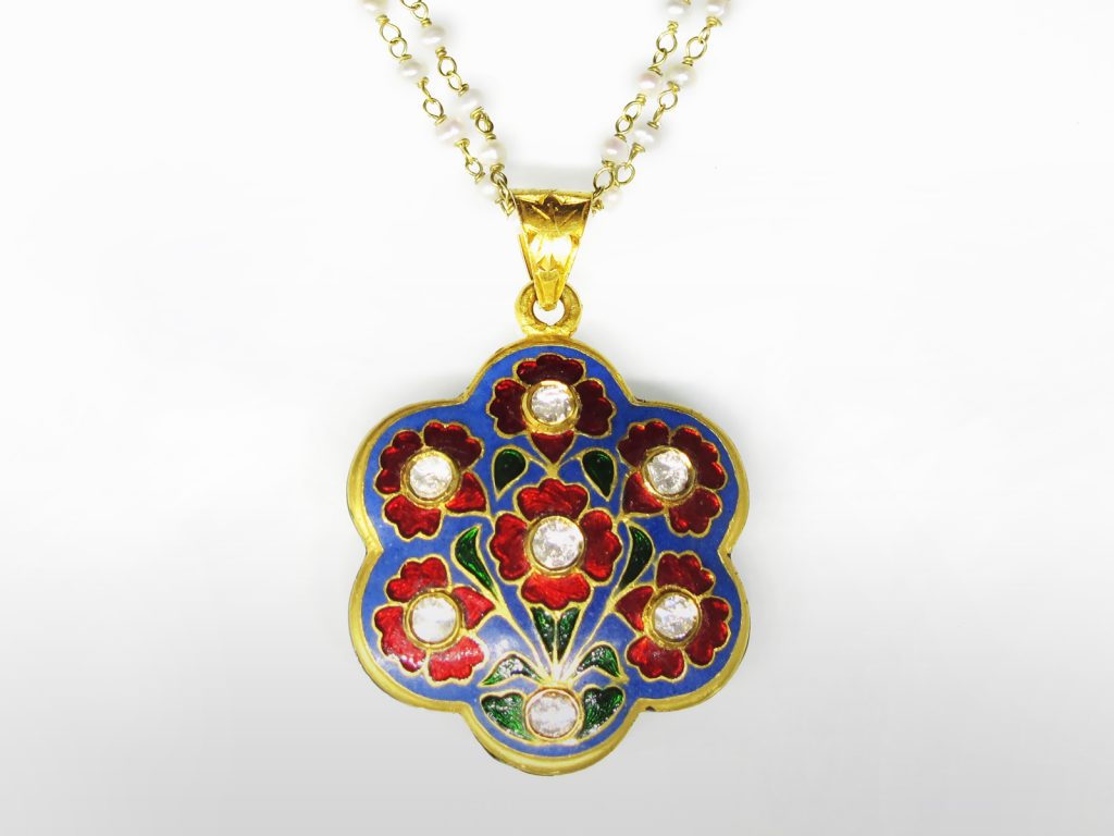 22k Yellow Gold Fine Enamel Inlay Double Sided Pendant Necklace