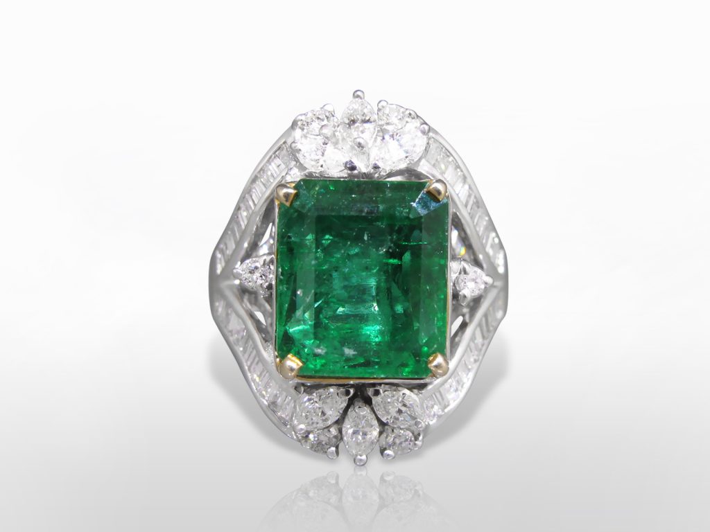 AIGS Certified 6.29ct Emerald Octagonal Cut Emerald and Diamond Ring