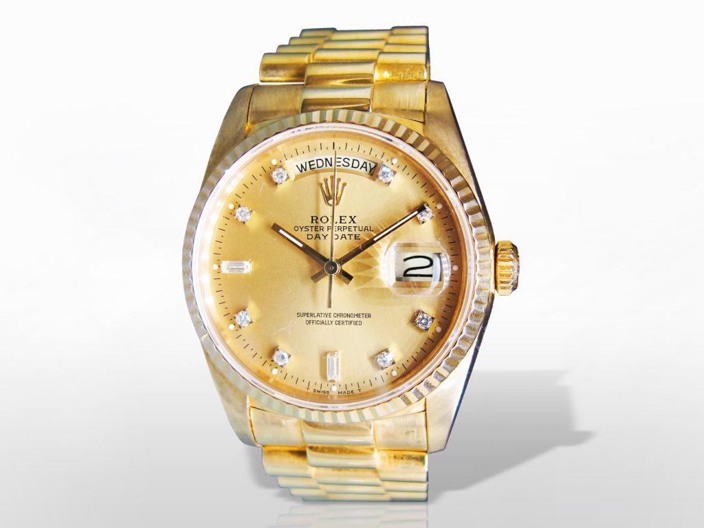 Men's 18k Yellow Gold Rolex Day-Date Automatic Wristwatch with Diamond Dial