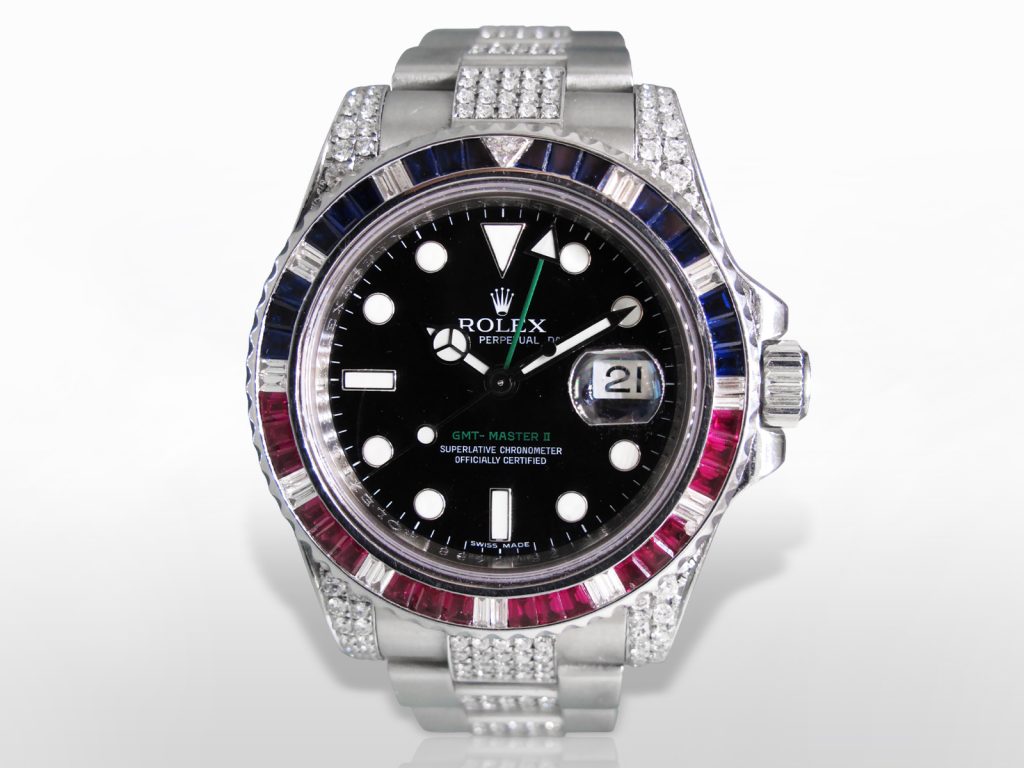 Men’s Stainless Steel Rolex GMT-Master II Oyster Perpetual Automatic Wristwatch with Diamonds, Rubies and Sapphires