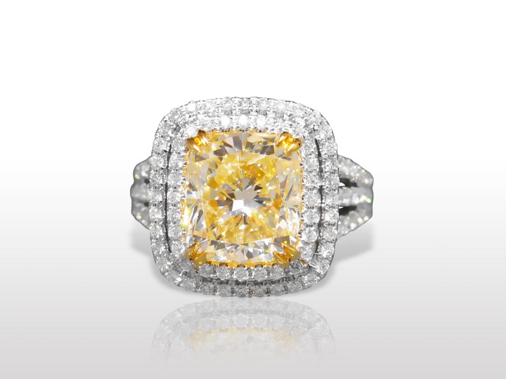 EGL Certified 5.26ct Cushion Brilliant Cut Fancy Yellow Diamond Ring