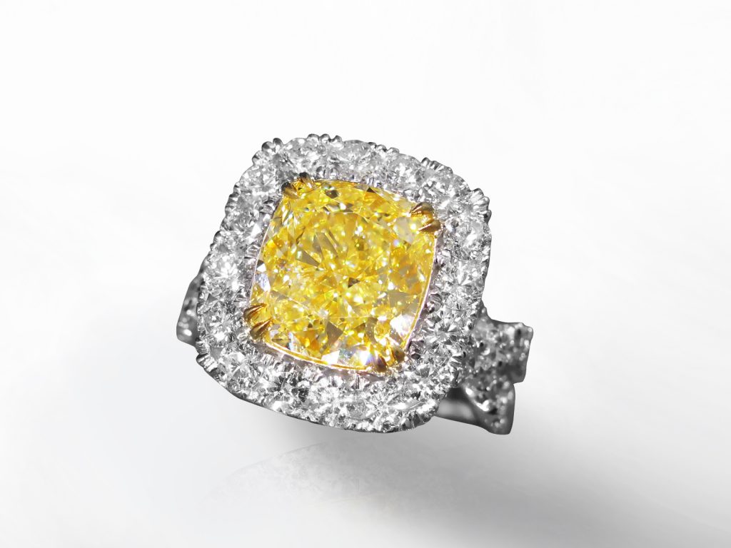 EGL Certified 5.90ct Cushion Cut Fancy Intense Yellow Diamond Ring