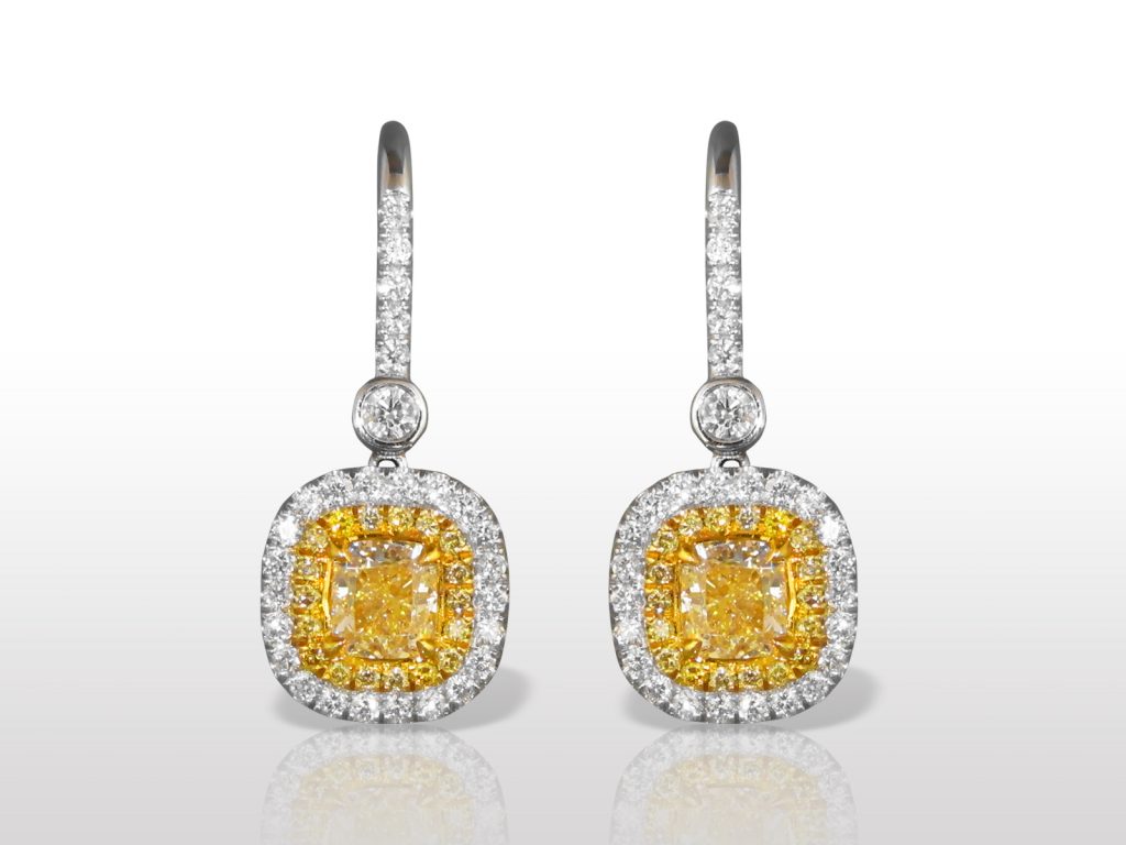 EGL Certified 2.01ct (TDW) Cushion Square Cut Fancy Yellow Diamonds Earrings