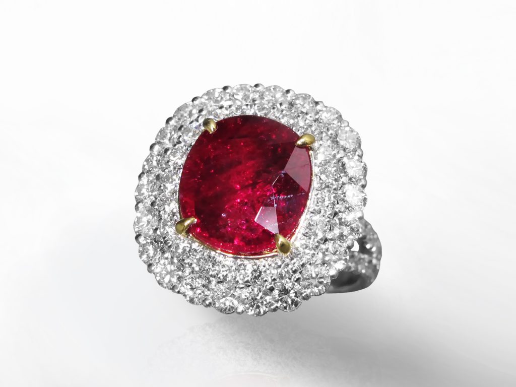GIA Certified 5.59ct Cushion Cut Unheated Ruby and Diamond Ring
