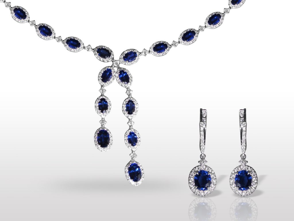 18k White Gold Blue Sapphire and Diamond Necklace and Earrings Set