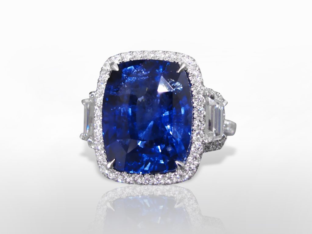 GIA Certified 16.02ct Cushion Cut Blue Sapphire and Diamond Ring