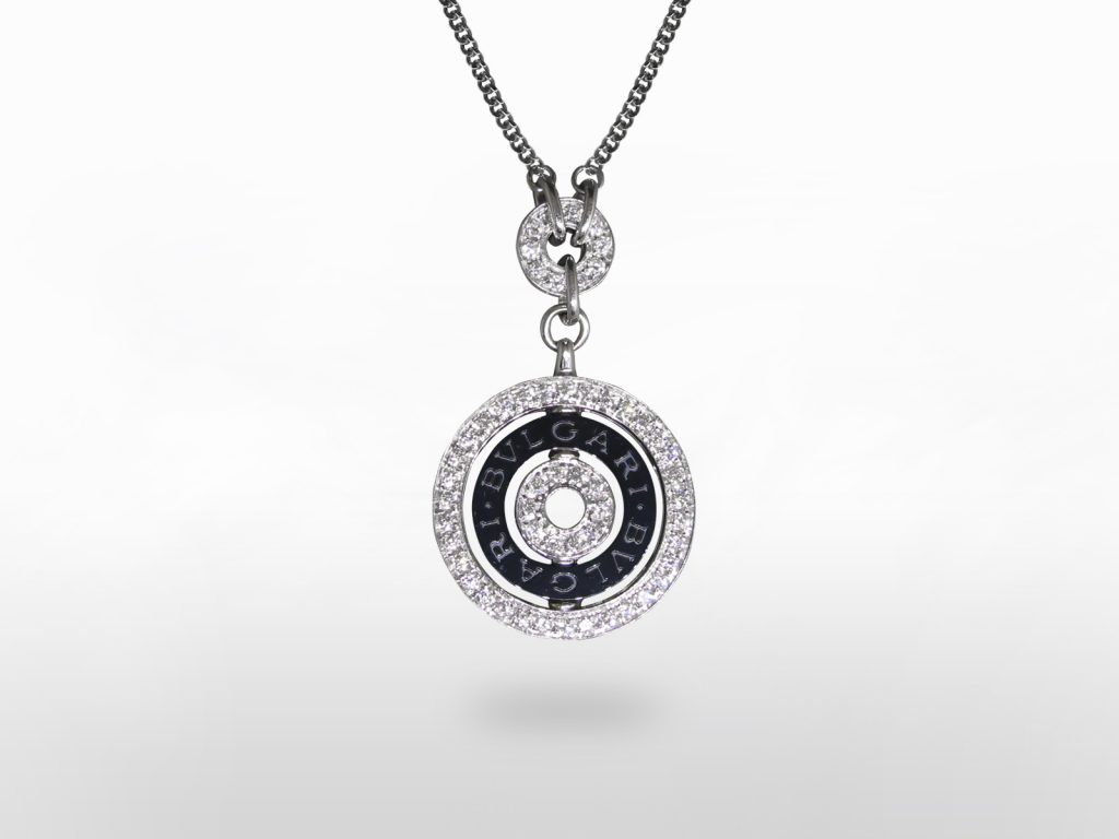 18k White Gold Bvlgari "Astrale" 0.50ct Diamond and Black Ceramic Round Pendant Necklace