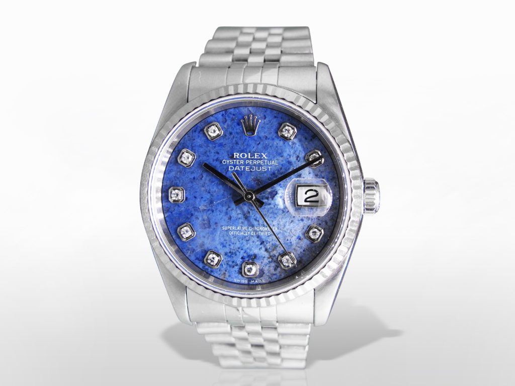 Men's Stainless Steel Rolex Datejust Automatic Wristwatch with Original Sodalite and Diamond Dial