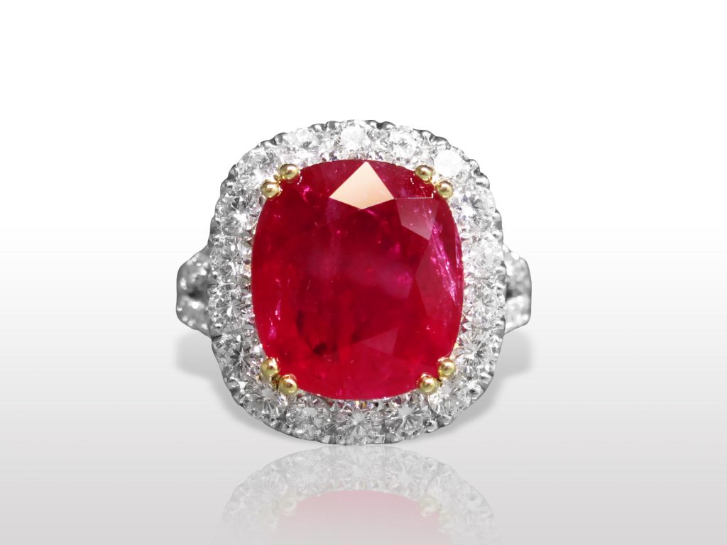 GRS Certified 9.40ct Cushion Cut Ruby and Diamond Ring