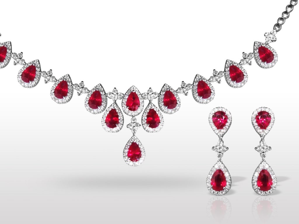 18k White Gold 8.8ct (TW) Burma Ruby and Diamond Necklace and Earrings Set