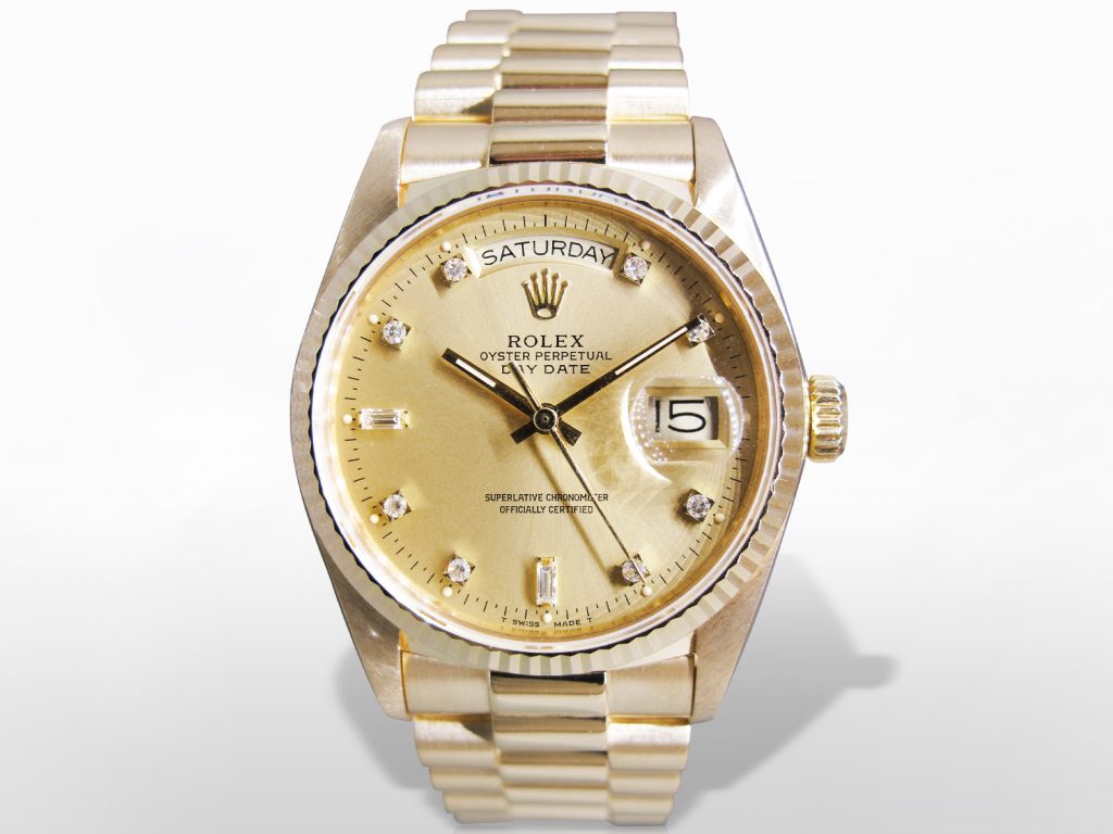 Men's 18k Yellow Gold Rolex Day-Date Automatic Wristwatch with Diamonds