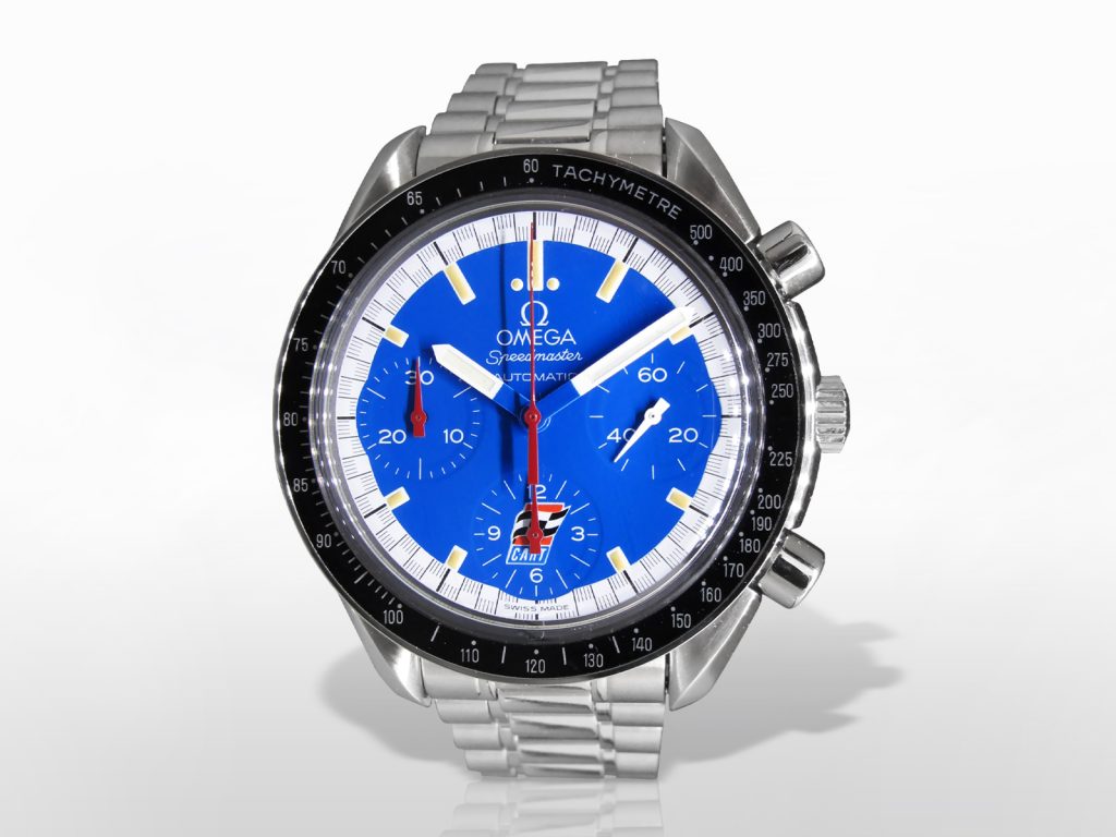 Men's Stainless Steel Omega "Speedmaster Cart" Automatic Chronograph with Racing Schumacher Blue Dial