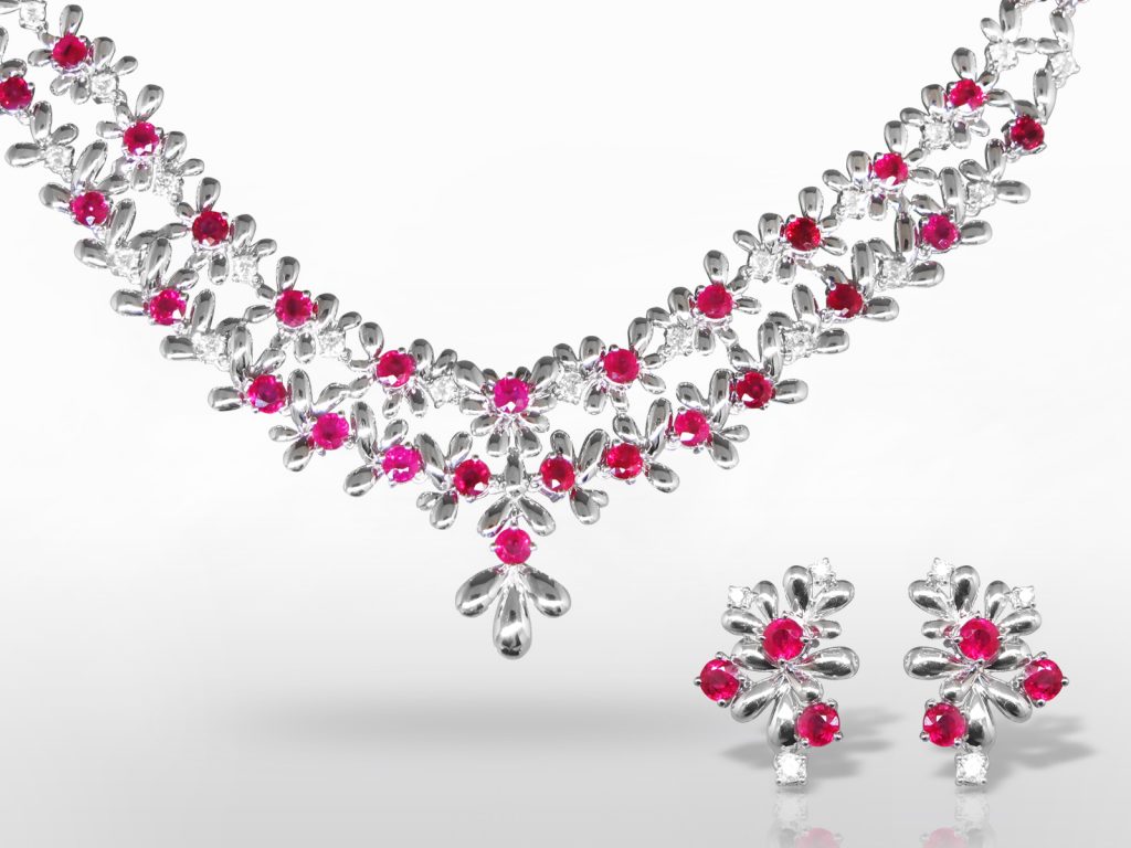 18k White Gold 14ct (TW) Ruby and Diamond Necklace and Earrings Set