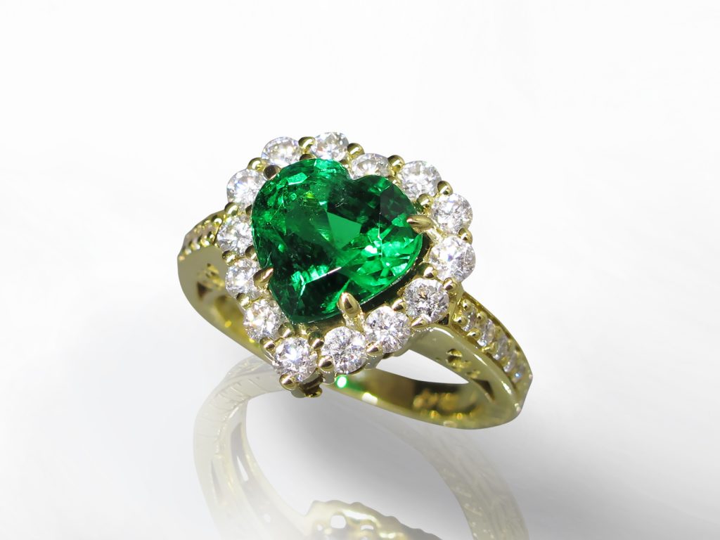 EGL Certified 3.28ct Heart Mixed Cut Emerald and Diamond Ring