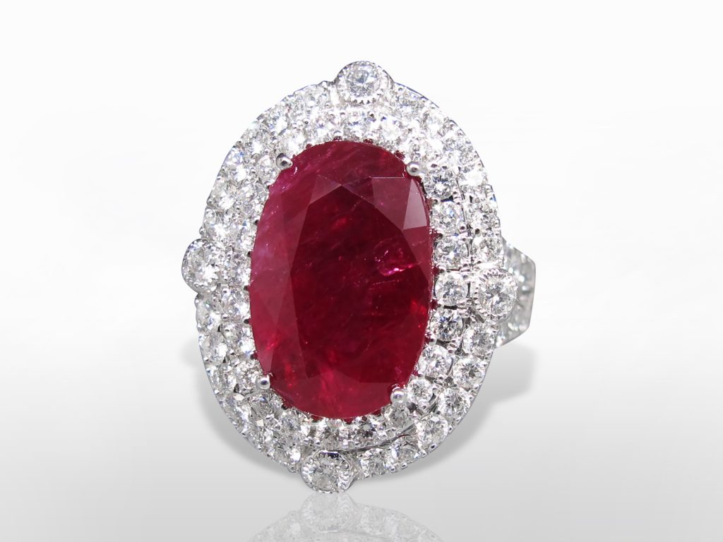 EGL Certified 7.24ct Oval Cut Natural Ruby and Diamond Ring