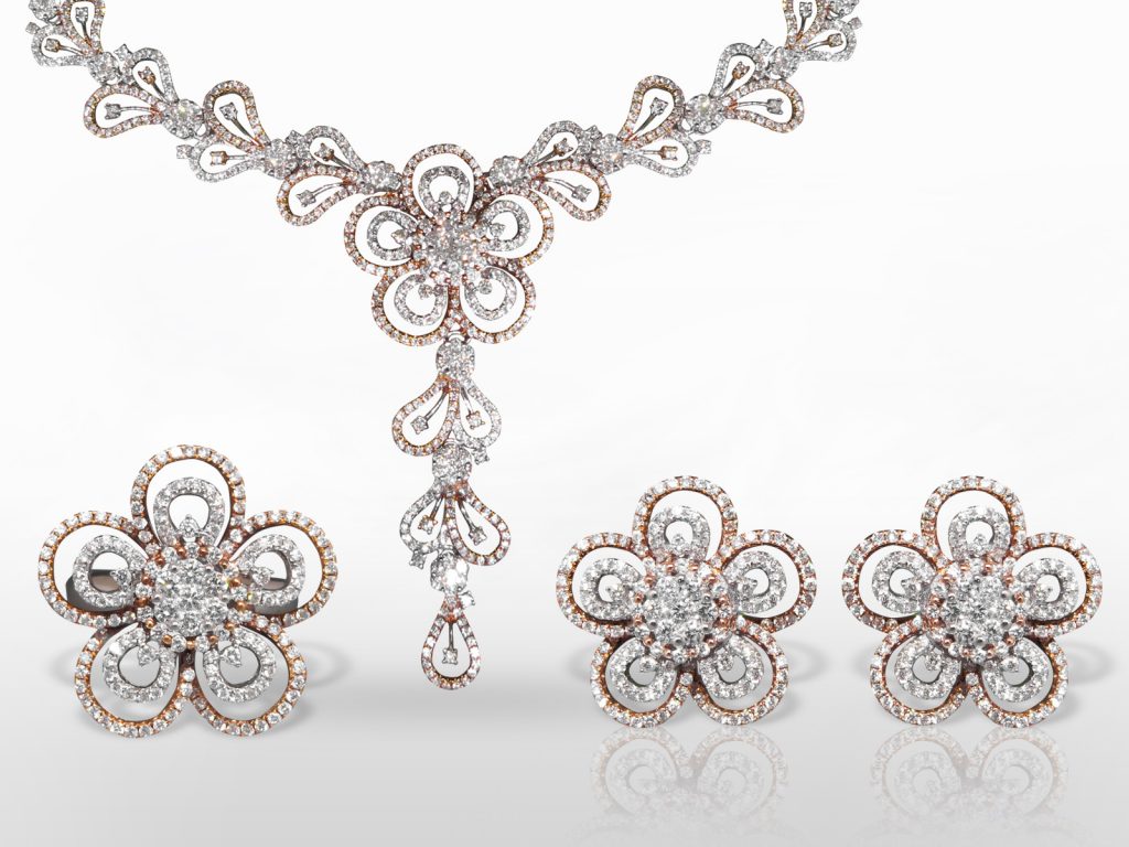Elegant 18k White/Rose Gold Cluster Diamond Necklace, Earrings and Ring Set