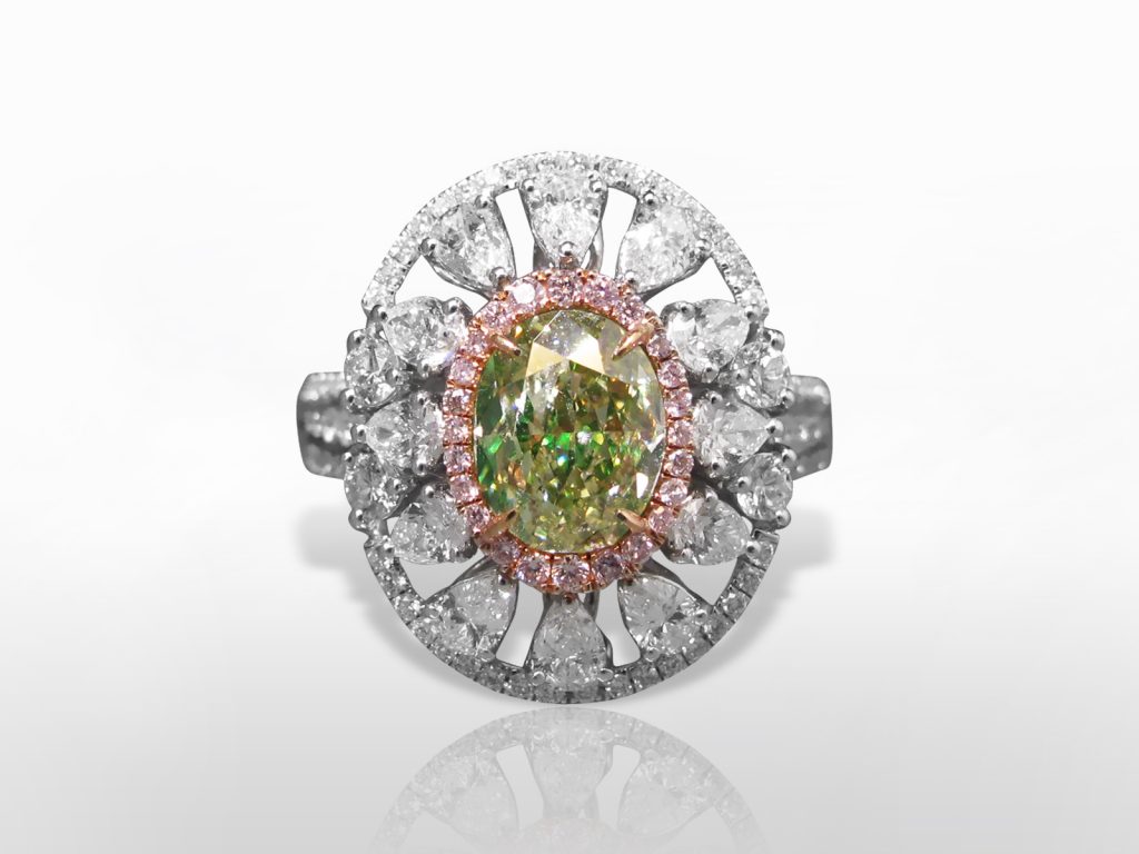 GIA Certified 2.01ct Oval Cut Fancy Light Greenish Yellow Diamond Ring