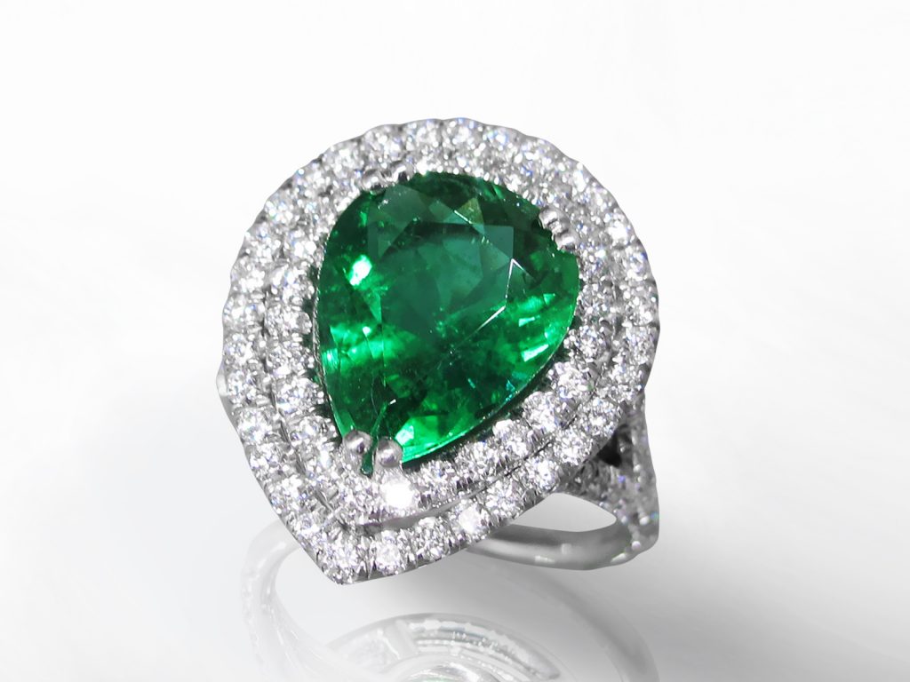 GIA Certified 3.37ct Pear Shape Emerald and Diamond Ring