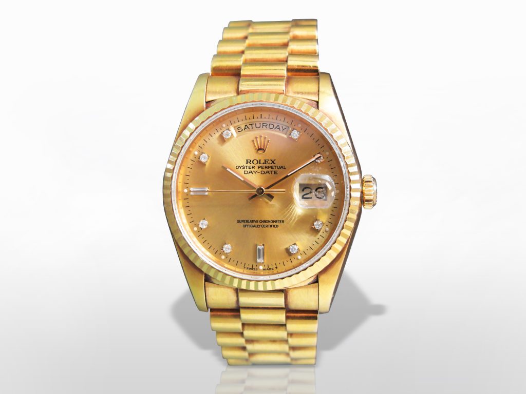 Men's 18k Yellow Gold Rolex Day-Date Automatic Wristwatch with Diamonds