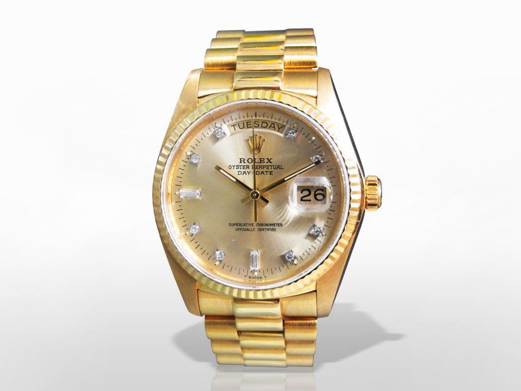 Men's 18k Yellow Gold Rolex Day-Date Automatic Wristwatch with Diamonds