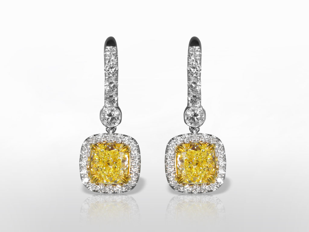EGL Certified 18k White/Yellow Gold 4ct (TDW) Fancy Intense Yellow Diamond Earrings