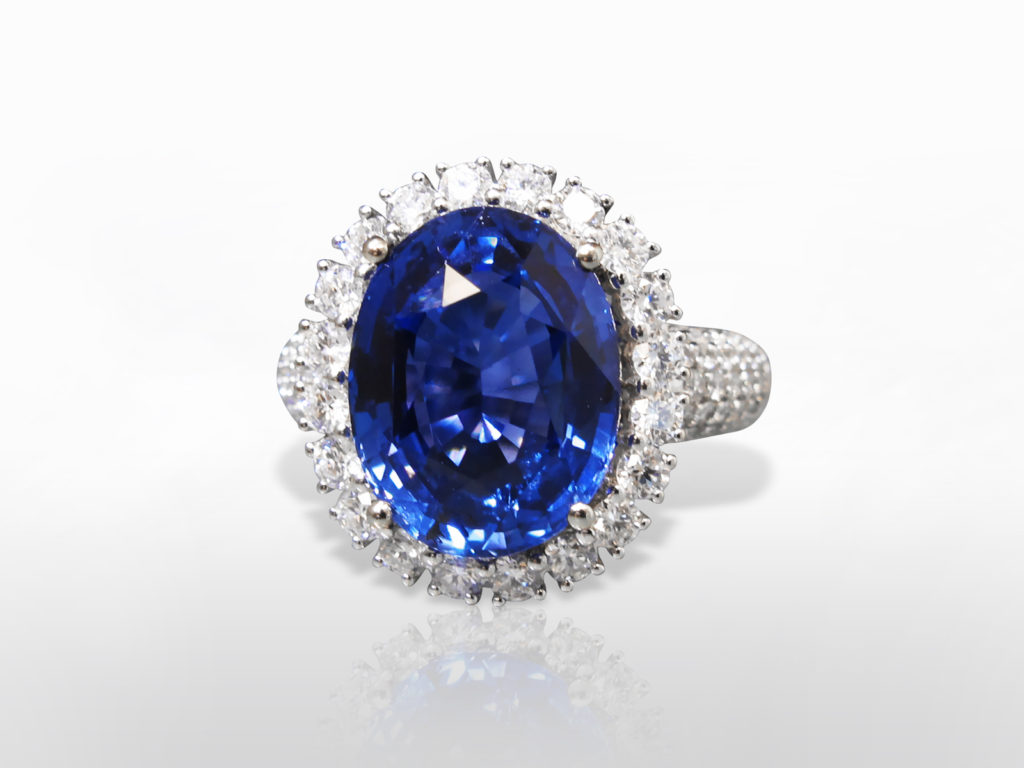 GRS Certified 9.56ct Oval Cut Sri-Lankan Blue Sapphire and Diamond Ring