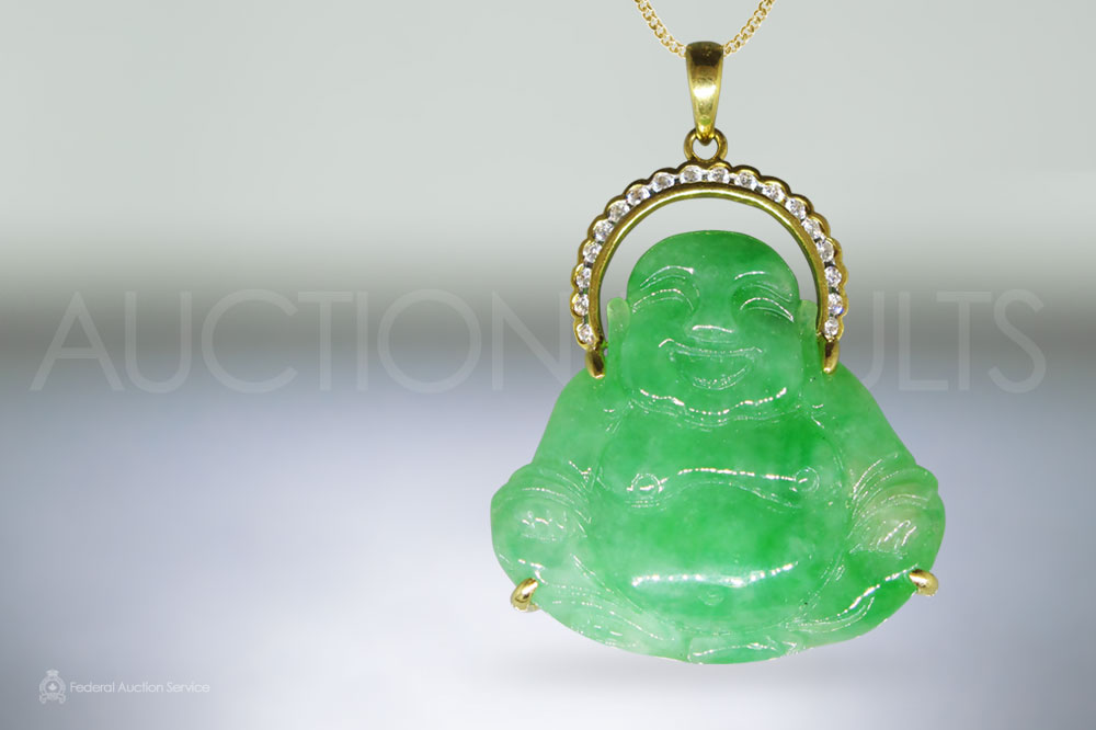 18k Yellow Gold Natural Green Jadeite Happy Buddha Carved Pendant sold for $5,700