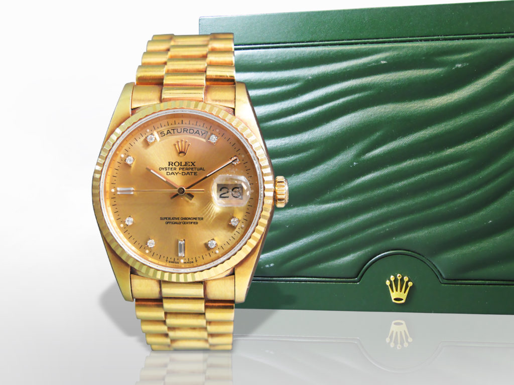 Men's 18k Yellow Gold Rolex Day-Date Automatic Wristwatch with Box and Certificate